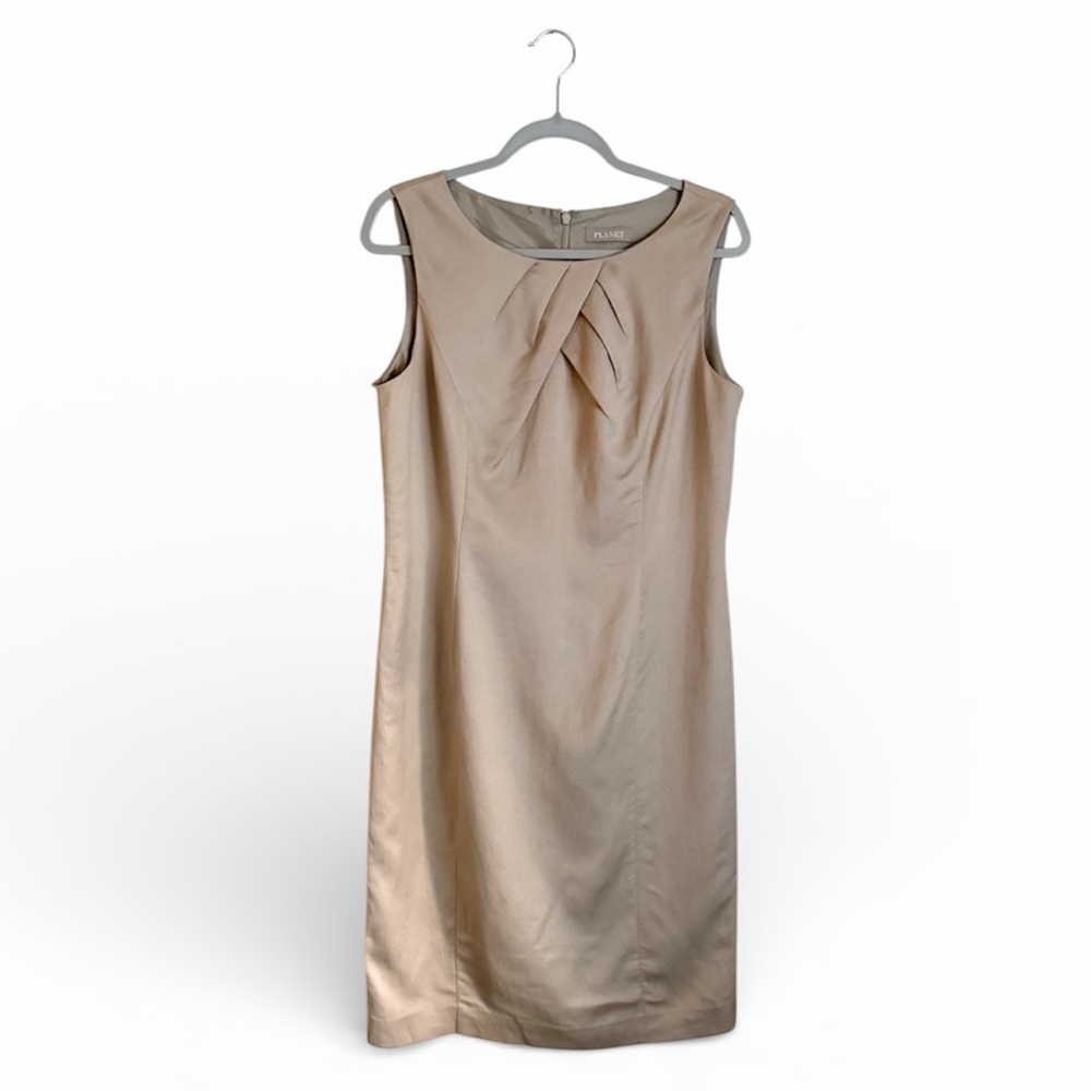Planet Women’s Linen Blend Pleated Neckline Sleeveless Dress 10 Tan
